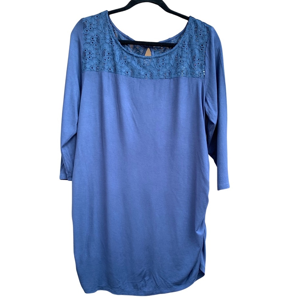 Motherhood Maternity Denim Blue Woman’s Blouse, Size XL Ruched Sides, Lace back